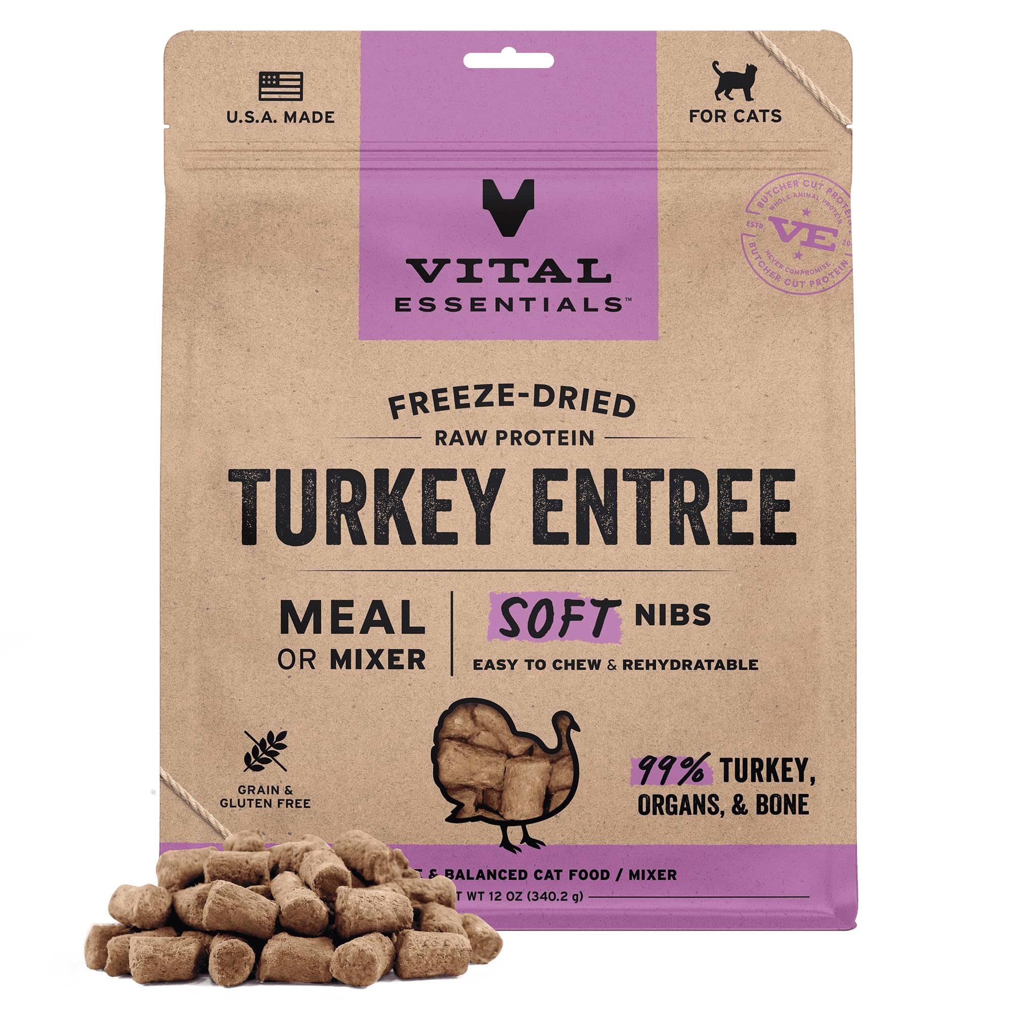 Vital Essentials trozos suaves de pavo crudo liofilizado para proteína de alta calidad.