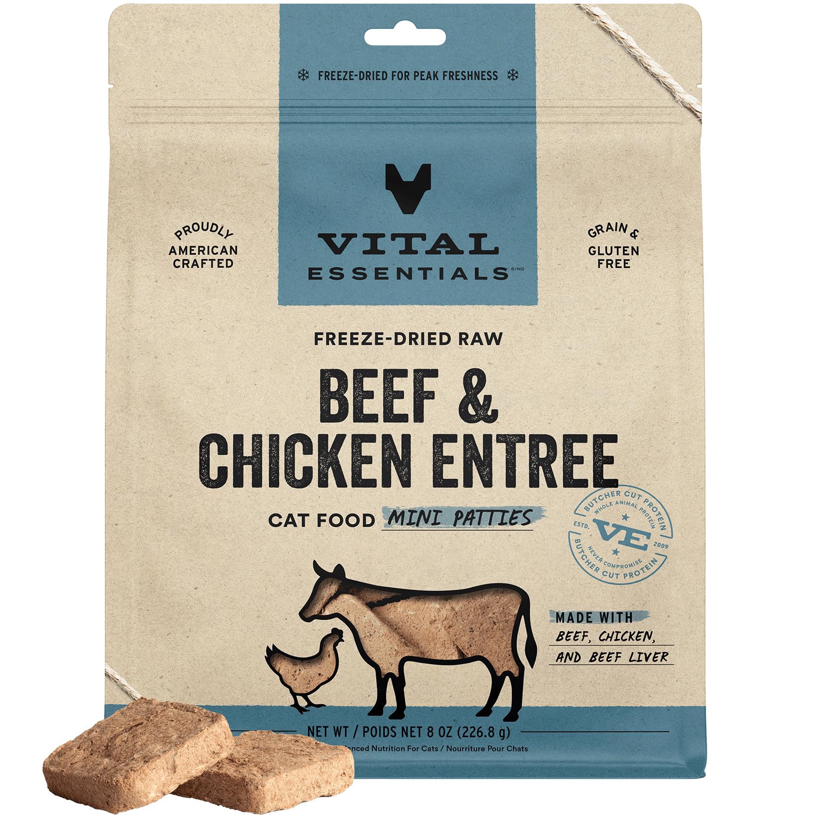 Vital Essentials liofilizado de res y pollo en mini croquetas para alimentación completa.