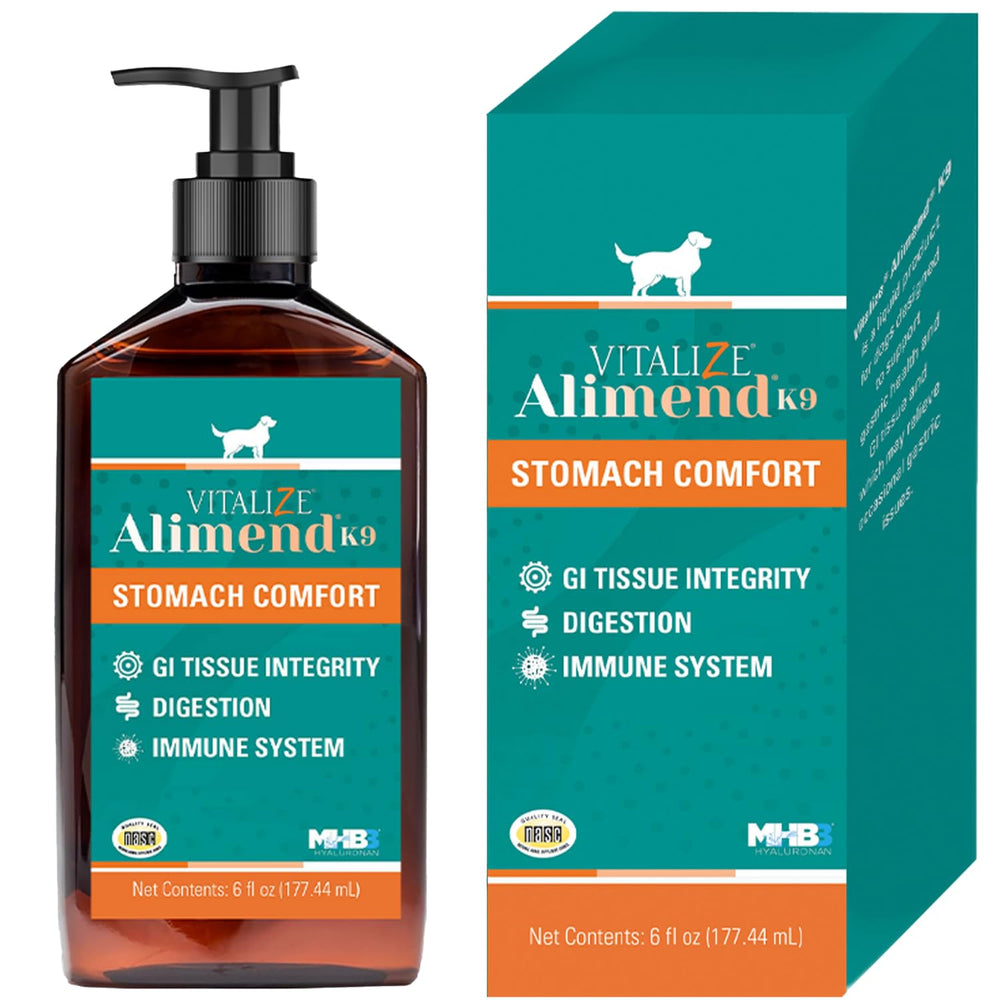 Vitalize Alimend K9 en botella vertiendo, apoyo estomacal suave para perros.