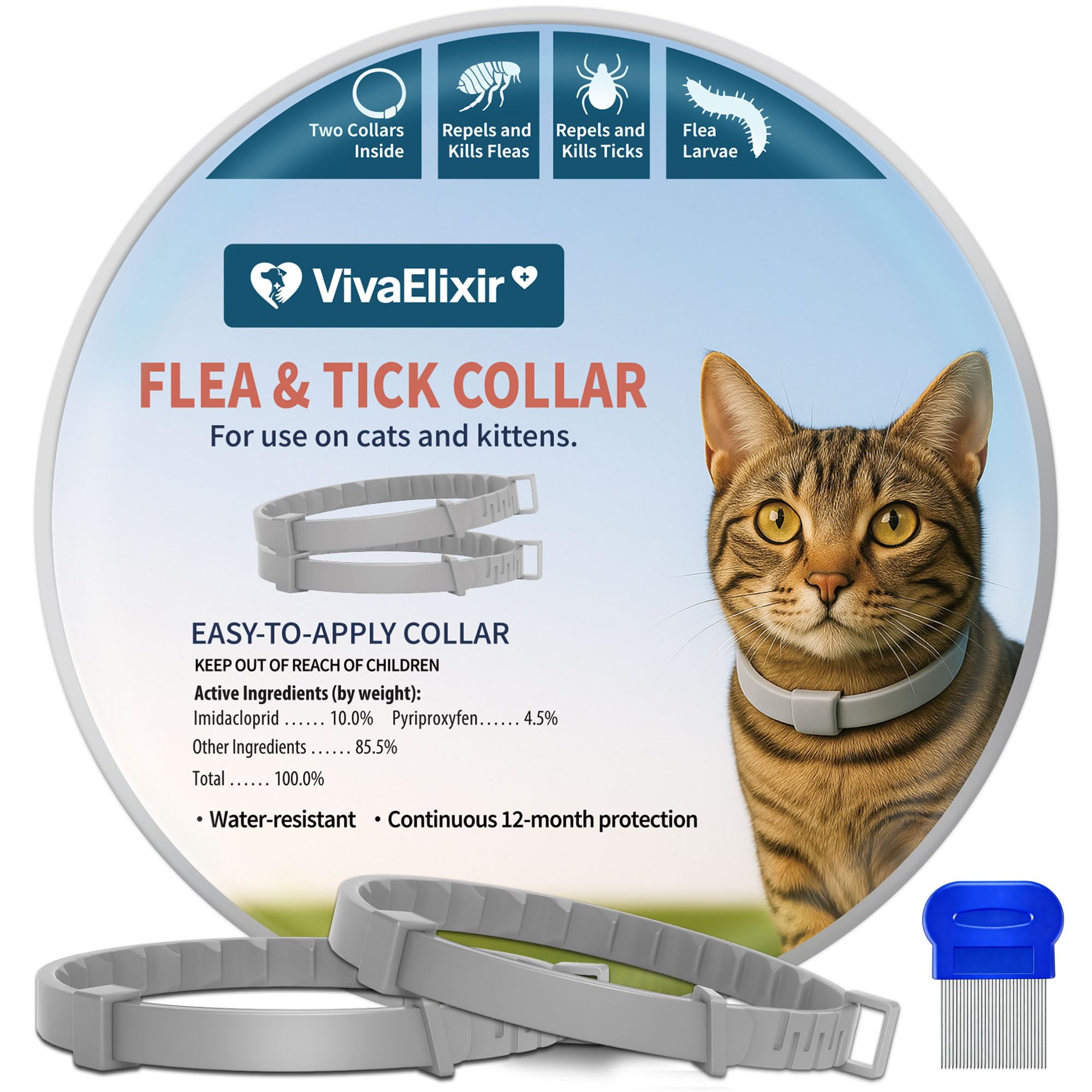 VivaElixir collar antipulgas para gatos en empaque visible, protección duradera para mascotas.