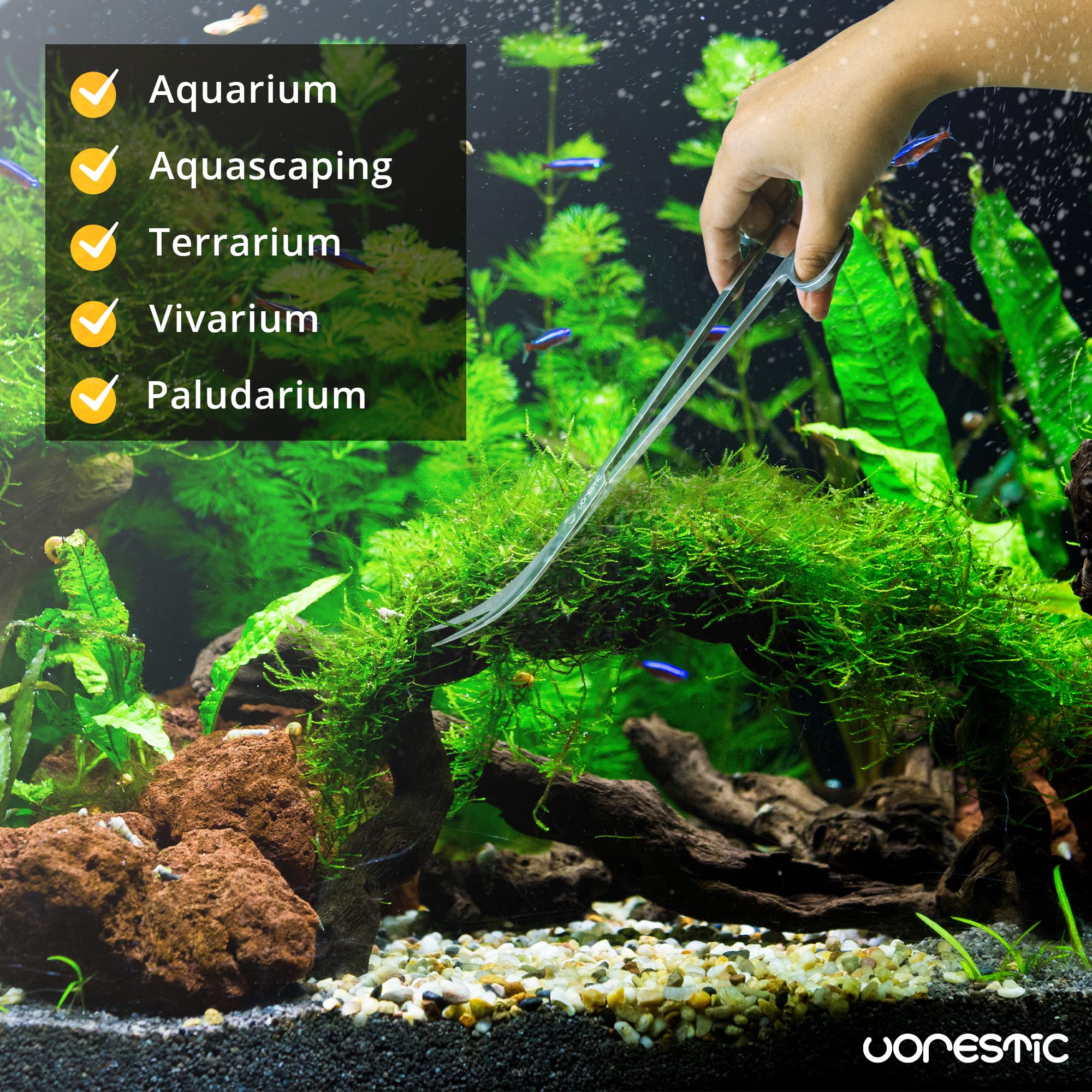 Tijeras VORESTIC en entorno de acuario, mantenimiento diario simplificado.