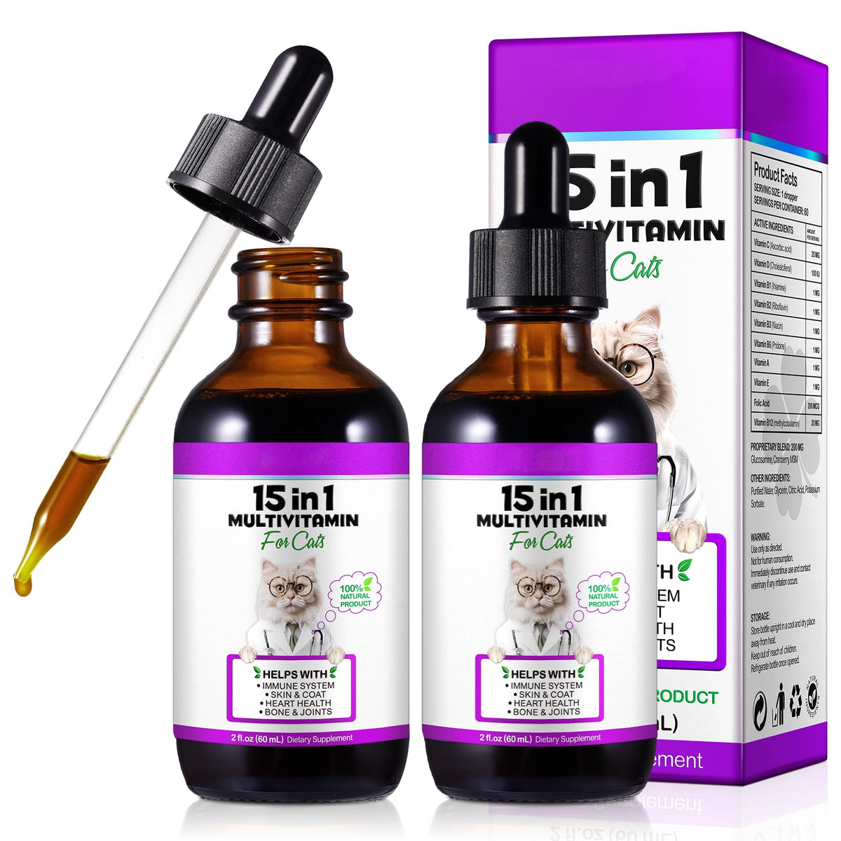 VOSIFSDIY Cat Multivitamínico 15 en 1, gotas para gatos, apoyo general.