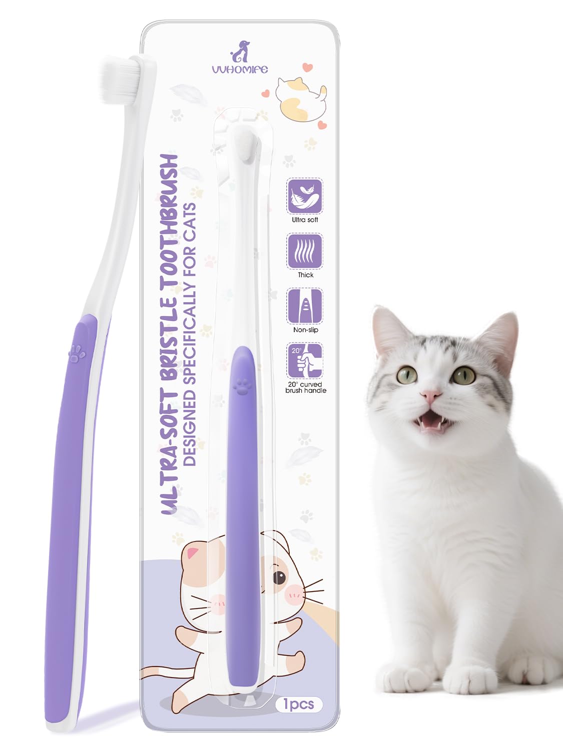 VVHOMIFE cepillo para gatos con cabeza compacta facilita acceder a dientes pequeños.