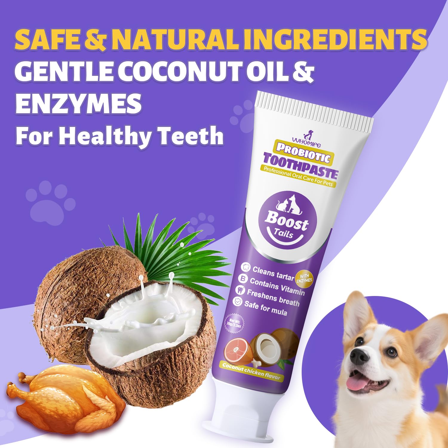 Pasta dental VVHOMIFE sabor coco-pollo de 2,5 oz para perros.