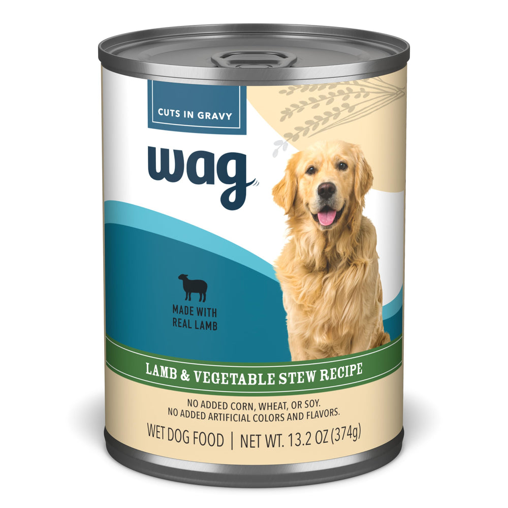 WAG estofado de cordero y verduras en salsa, ideal para perros adultos.