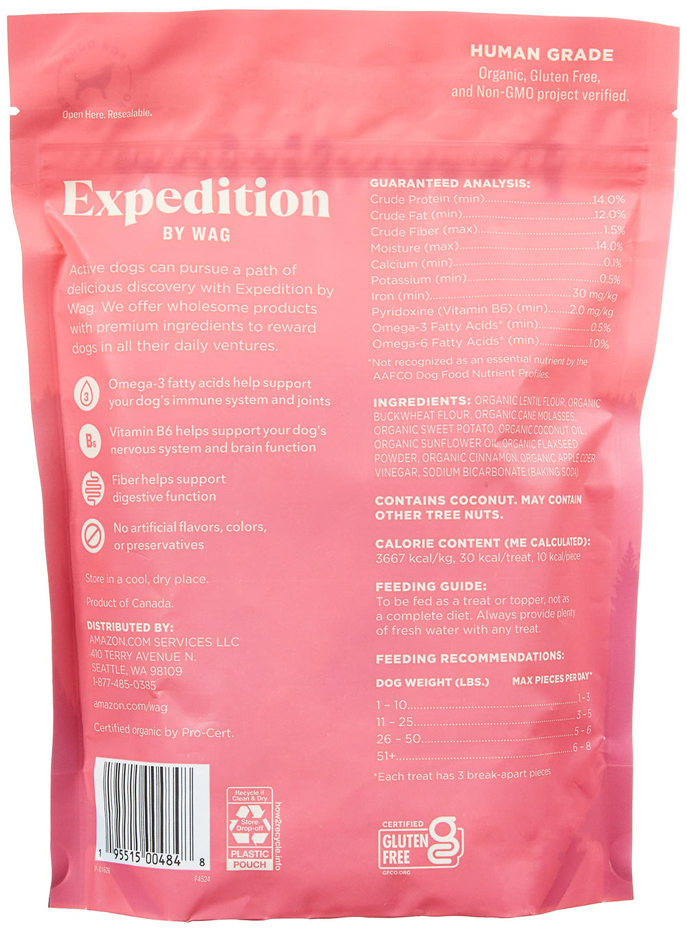 WAG Expedition snack para perros omega-3 y fibra, uso diario recomendado.