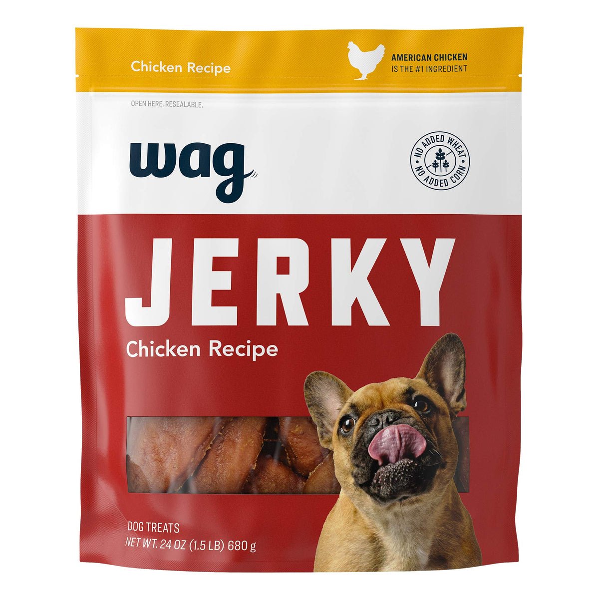 WAG corte deshidratado de pollo en bolsa frontal, premio de entrenamiento.
