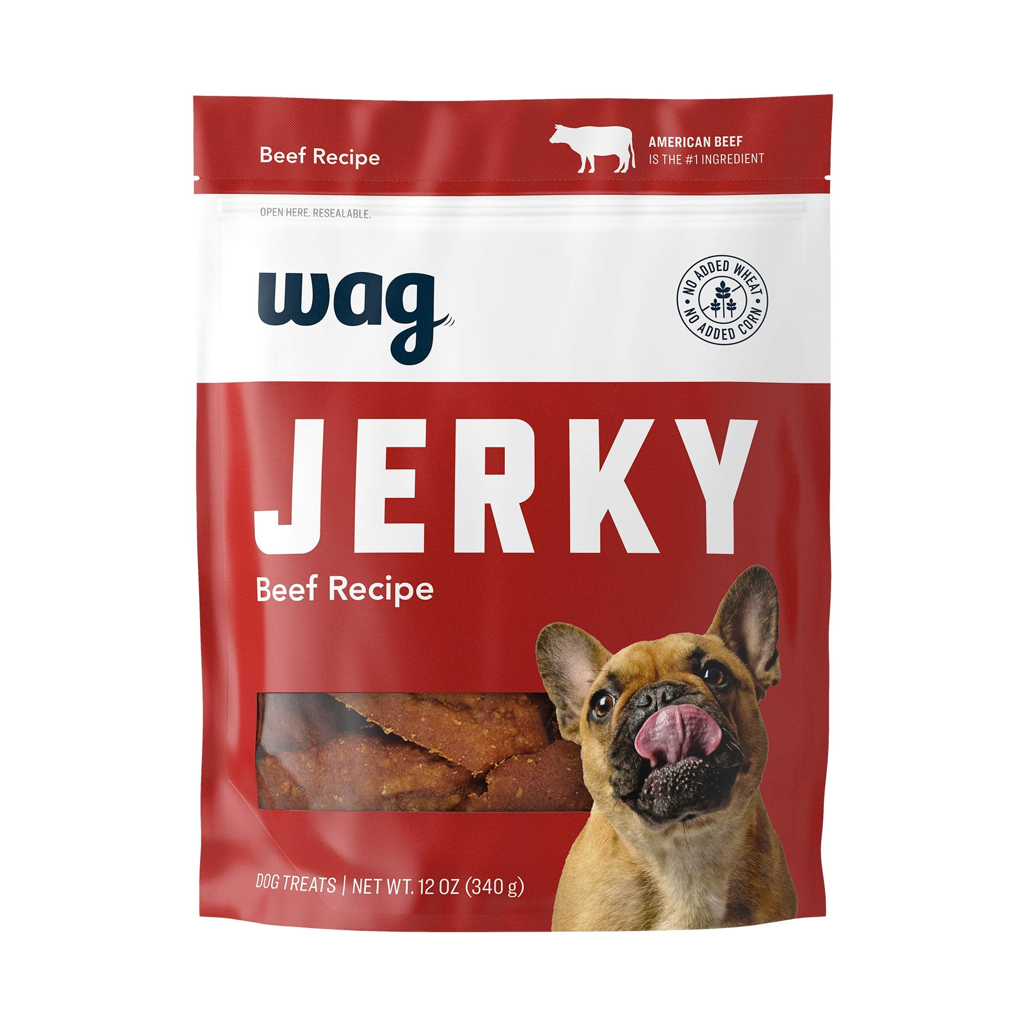 Wag Soft & Tender beef jerky treats in resealable bag; easy to chew and break