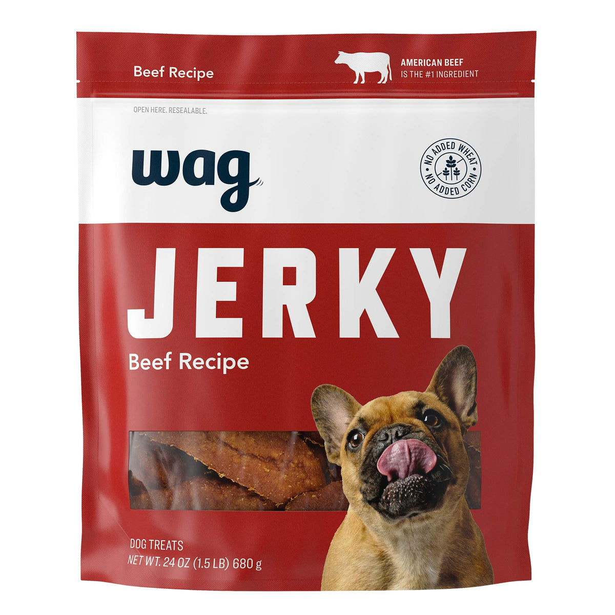 WAG tiras de jerky de res blandas para perro, fáciles de masticar.