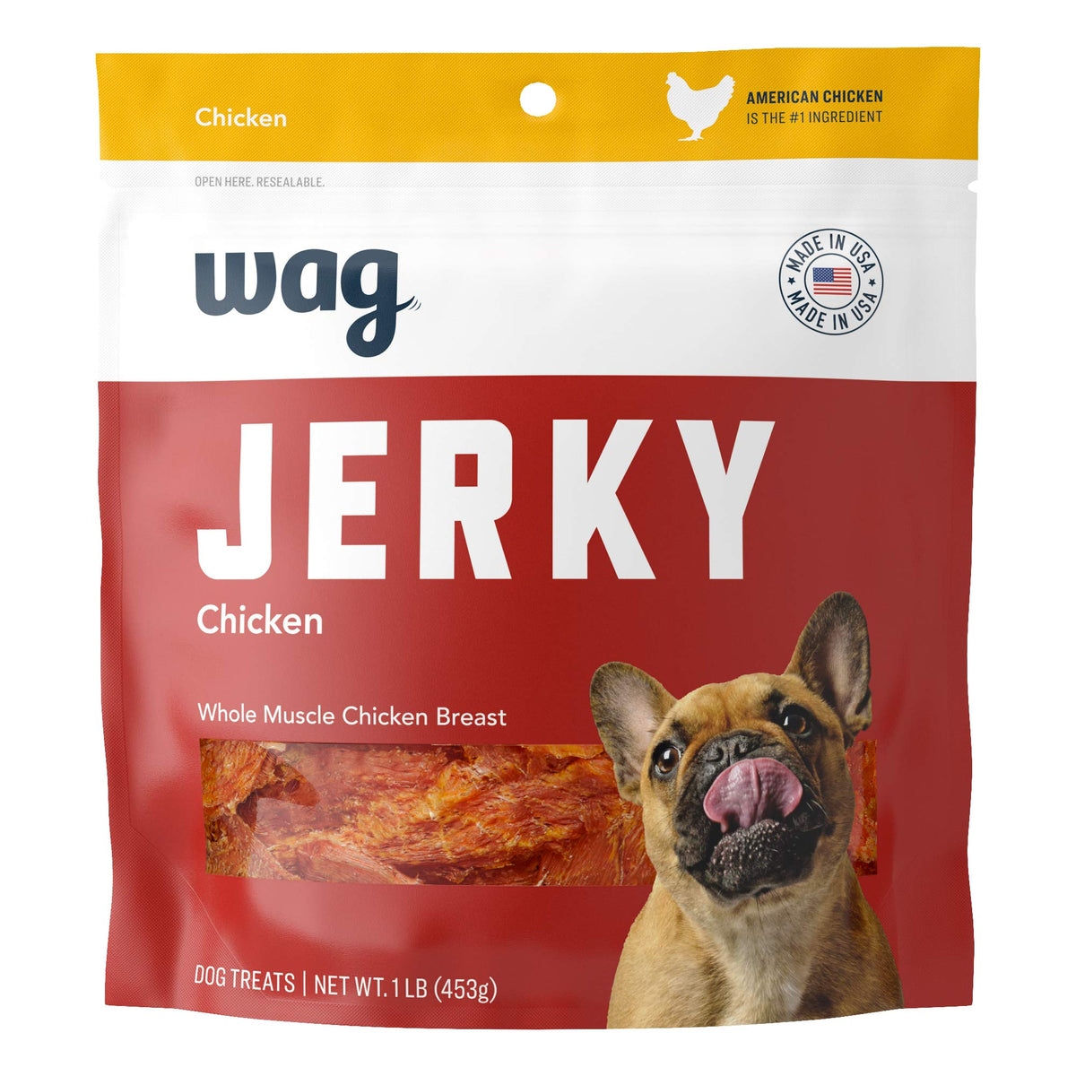 WAG tiras de pollo: frente del empaque, snack para entrenamiento diario