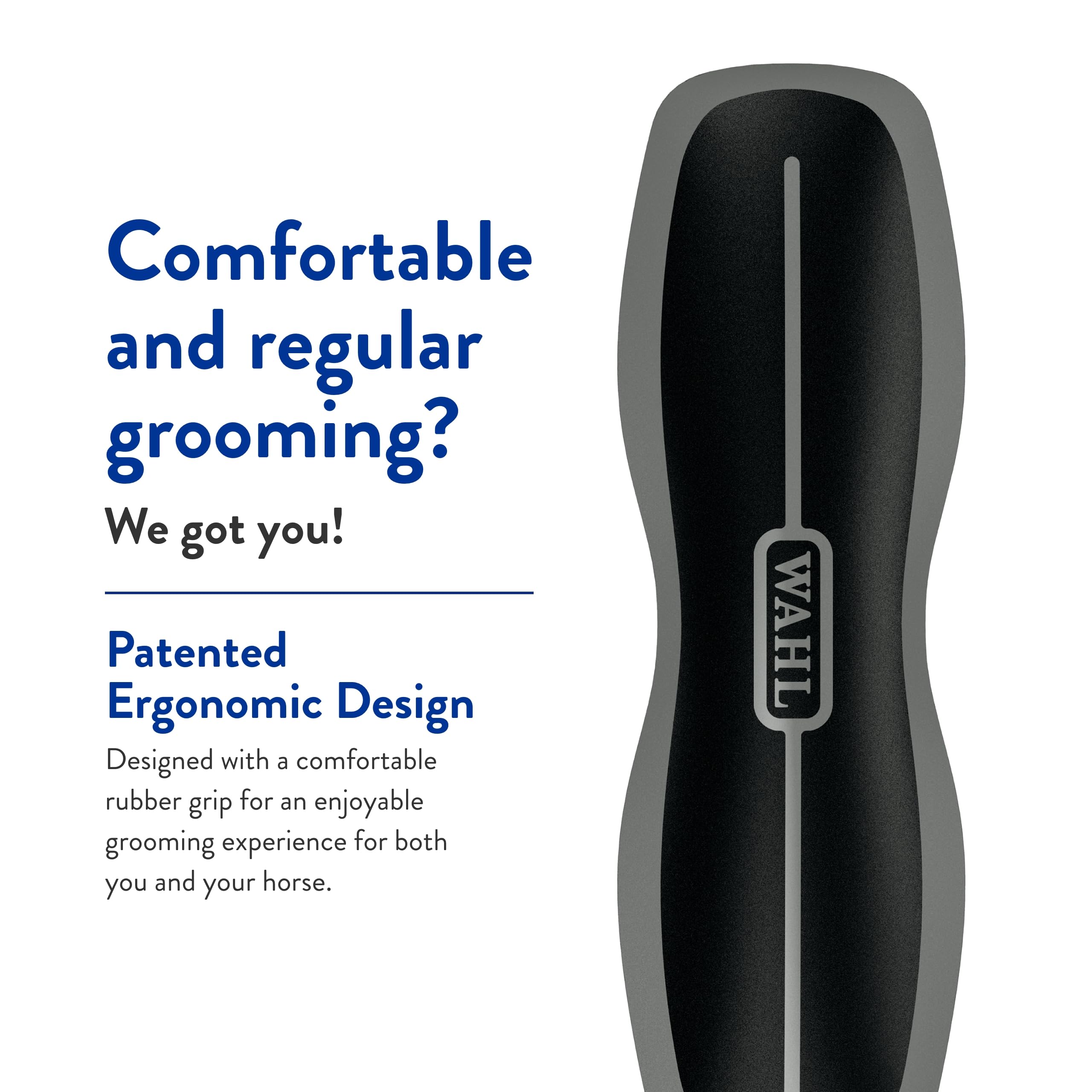 Cepillo Wahl para caballo, diseño ergonómico que facilita el agarre durante la sesión.