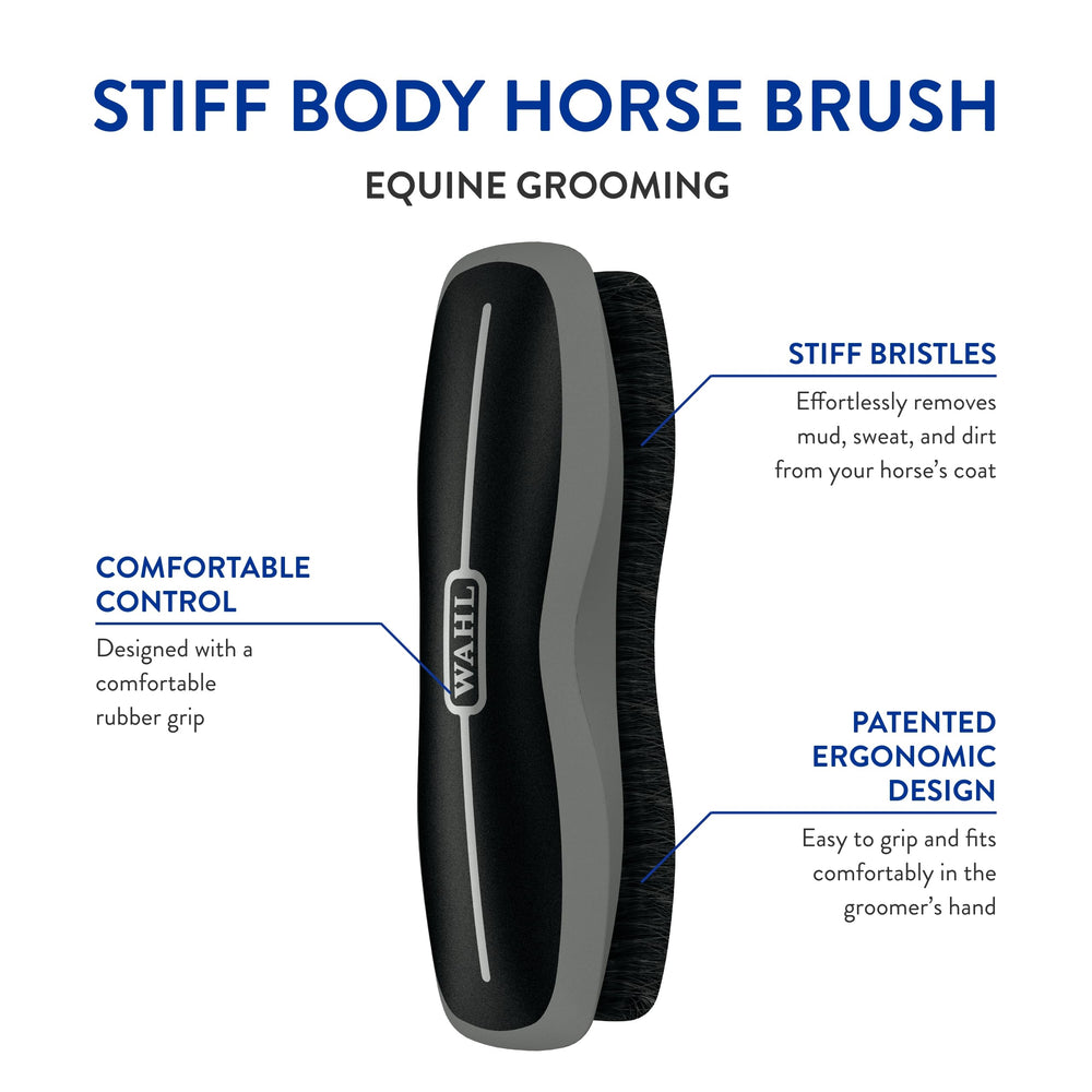 Cepillo Wahl para caballo, diseño ergonómico con agarre de goma para cuidador.