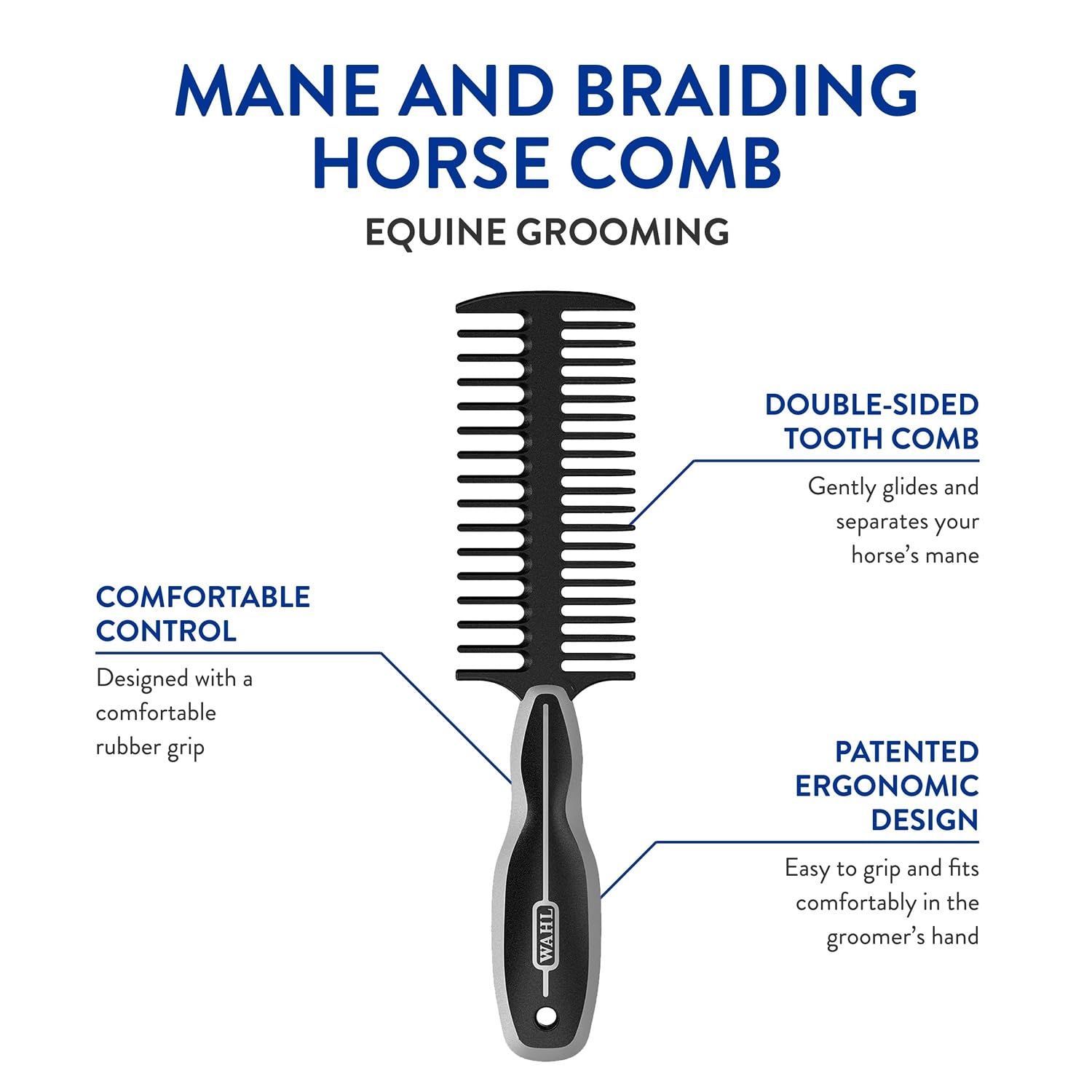 WAHL mango ergonómico negro ofrece agarre cómodo durante largas rutinas de aseo equino