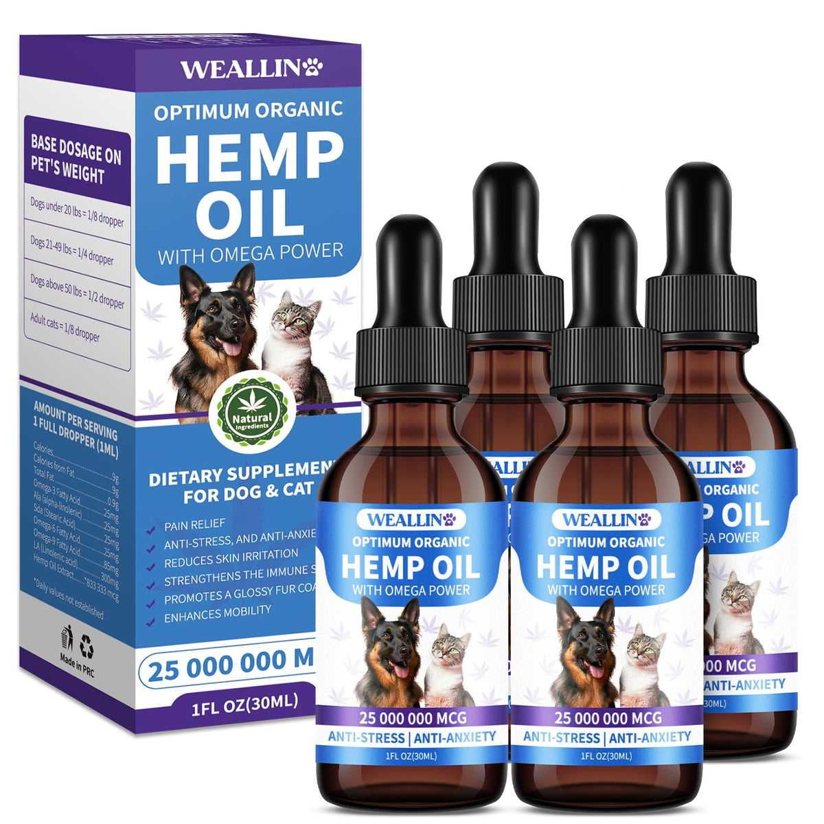 WEALLIN aceite de cáñamo para perros y gatos, botella con gotero para administración fácil