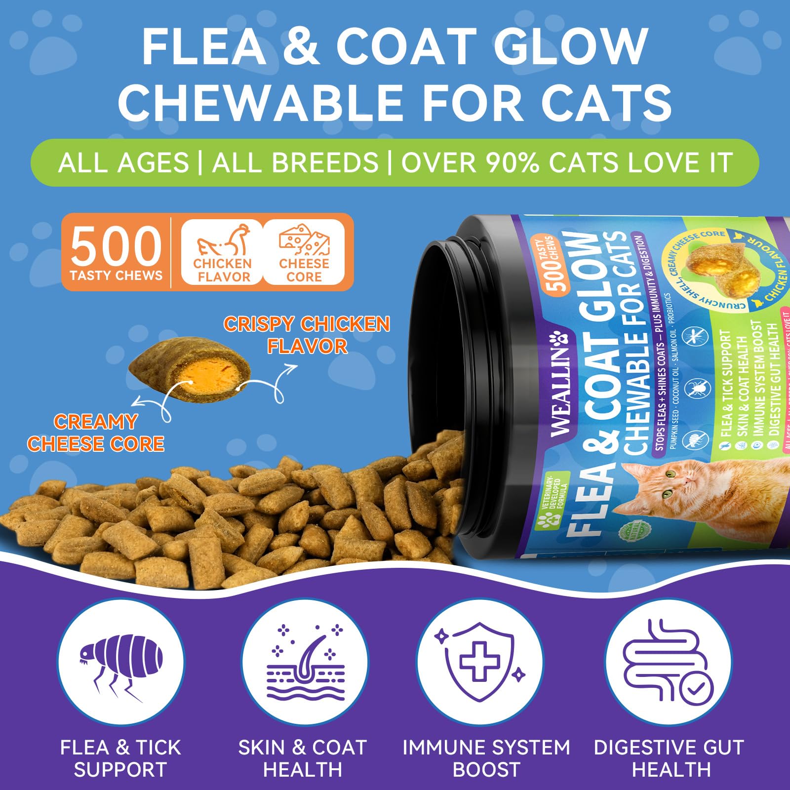 WEALLIN chews-frango-queso-sabor-gato, premio sabroso para cuidado preventivo.
