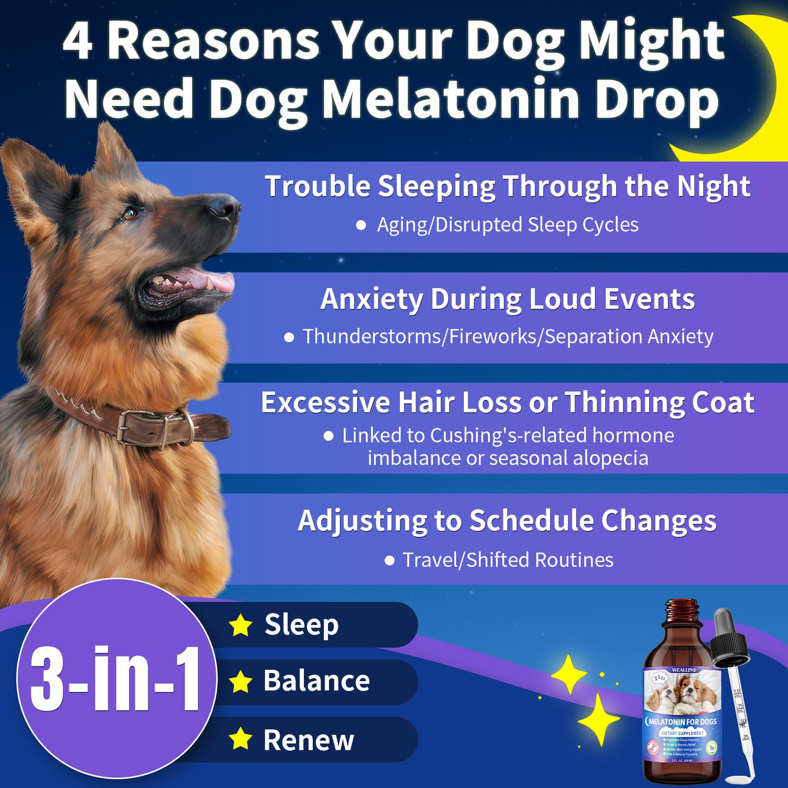 WEALLIN Melatonina para perros, gotero incluido, dosis fáciles para calmar.