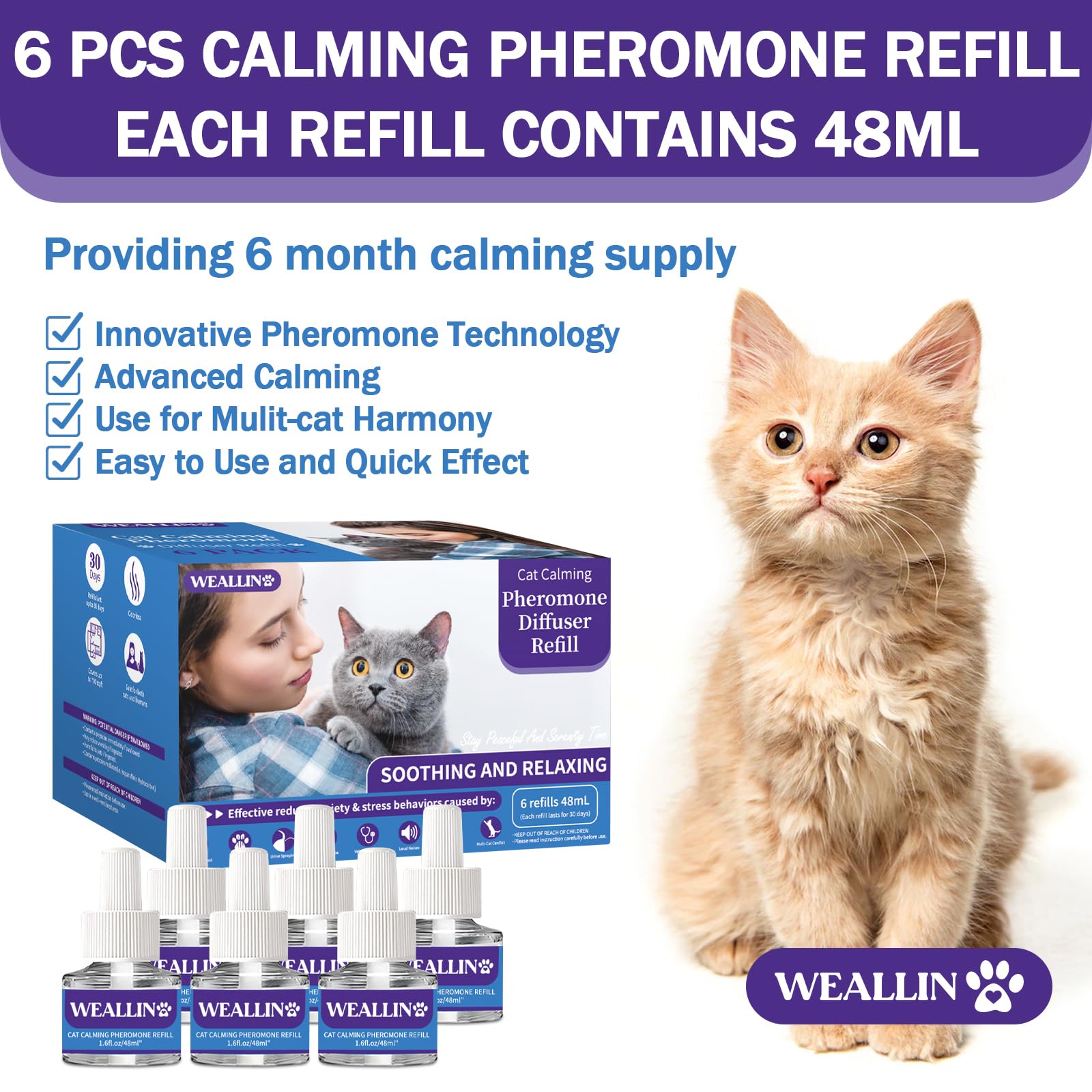 WeAllin 48ml difusor gatos, alivio suave para la ansiedad.