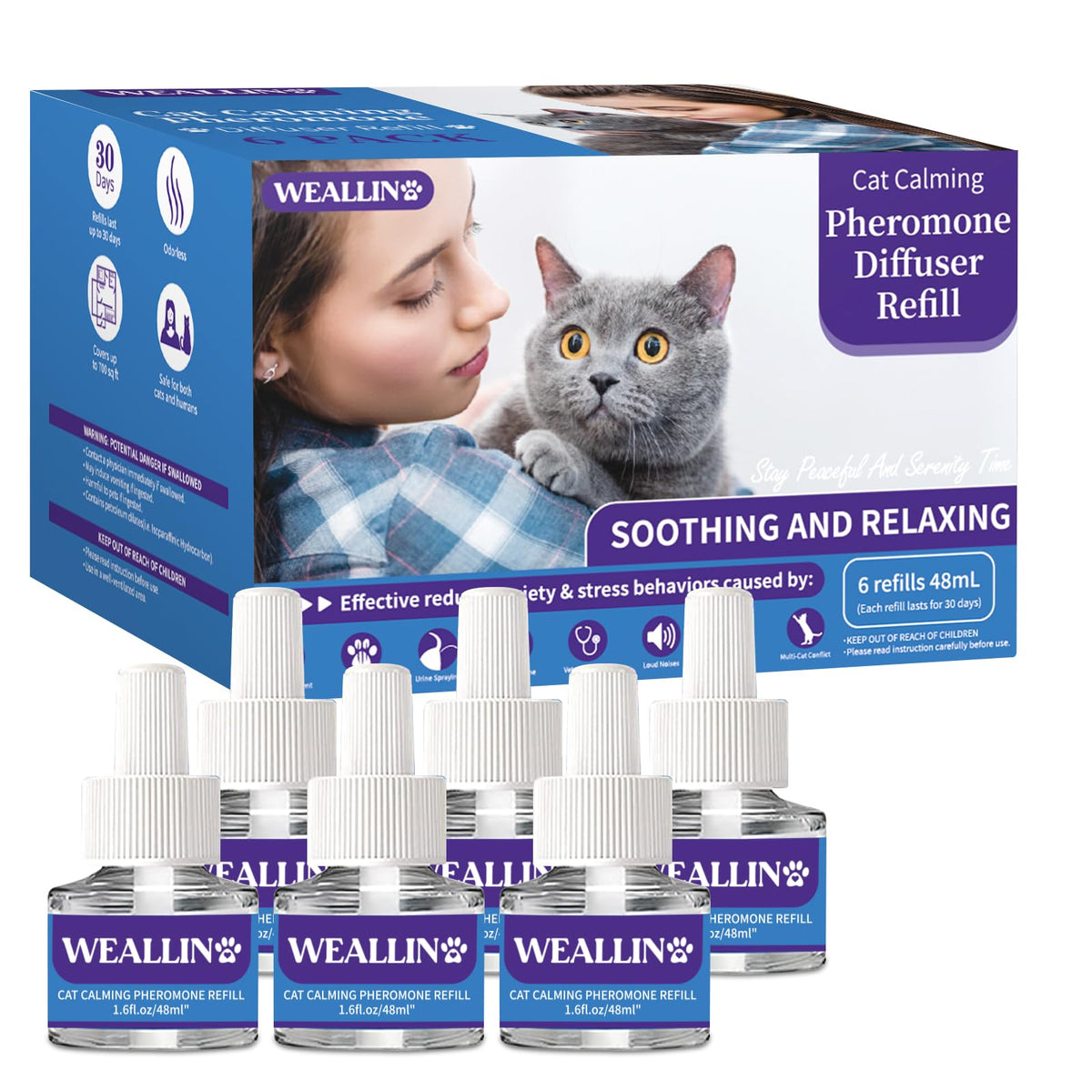 WeAllin seis-pack difusor gatos, cuidado calmante para convivencia sin estrés.