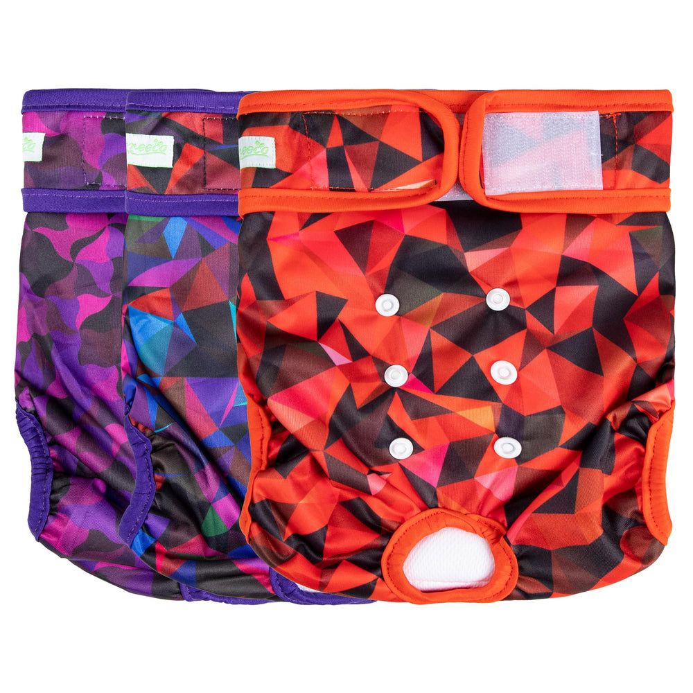 Pañales Wegreeco para perras con diseño geométrico morado y ajuste cómodo