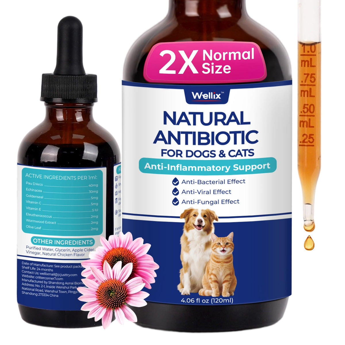Wellix 120 ml frasco de antibióticos naturales para mascotas, apoyo al cuidado de heridas superficiales