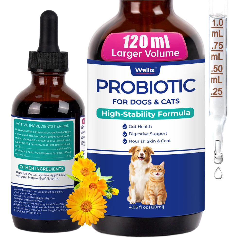 Wellix Probiotico liquido para gatos y perros con gotero, soporte digestivo.