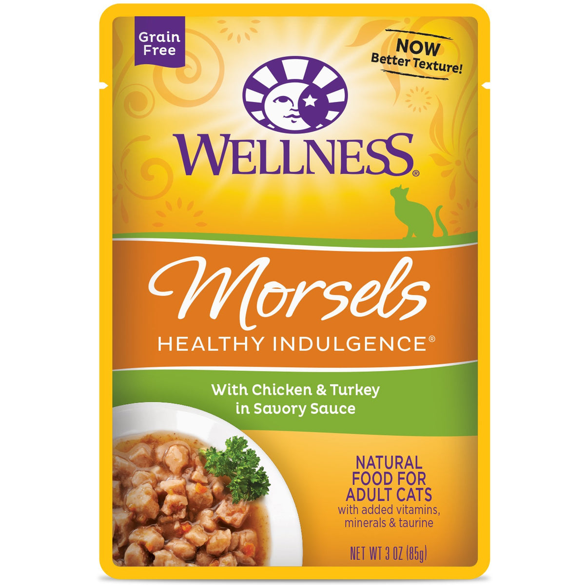 Wellness alimento húmedo para gatos, envase listo para servir, comodidad en la hora de comer.