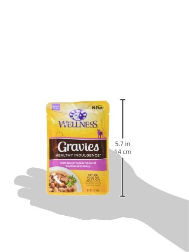 Wellness comida natural para gatos, gravies de atún y caballa, mejora el sabor y el pelaje.