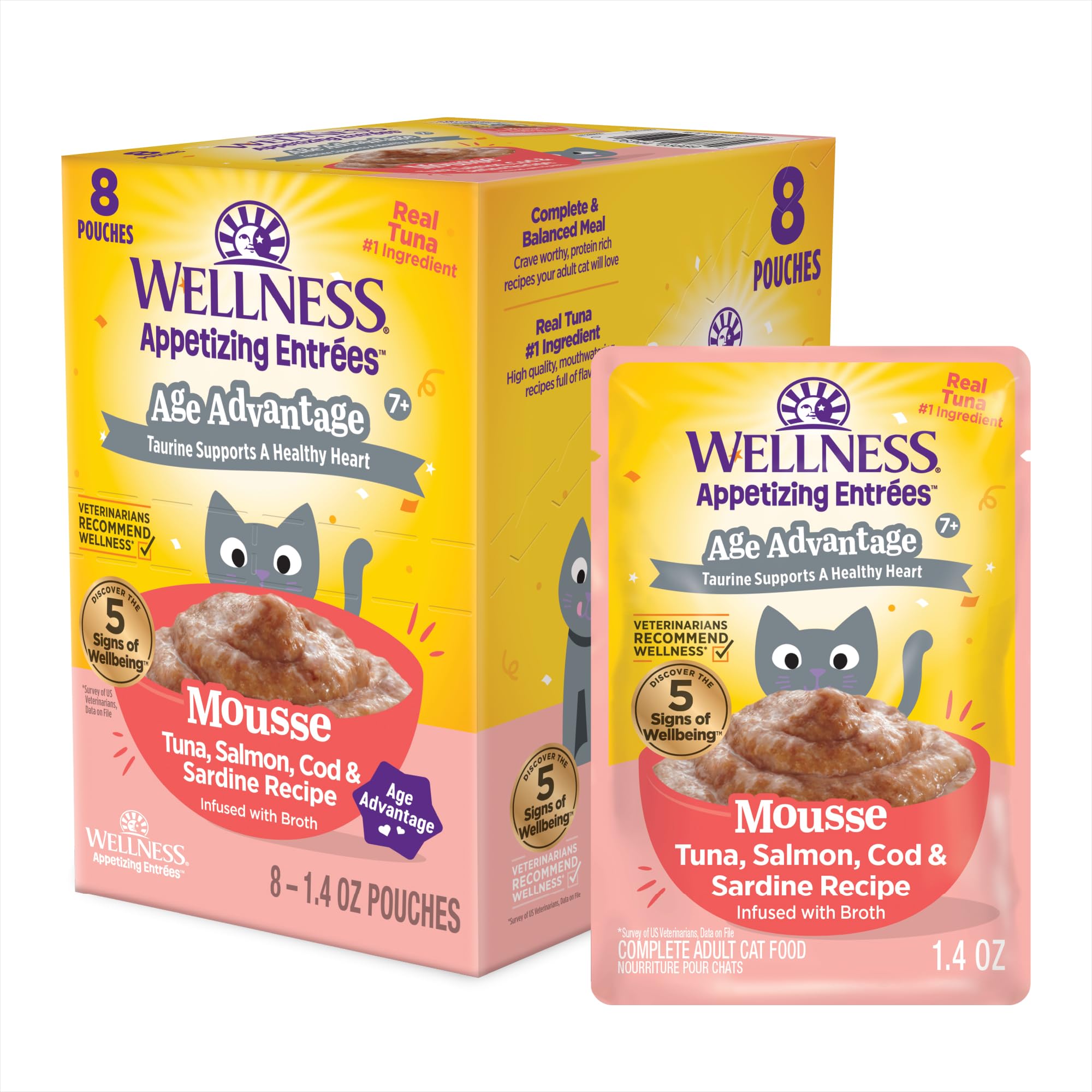 Wellness Appetizing Entrées Age Advantage mousse con atún en bolsita para gatos adultos.