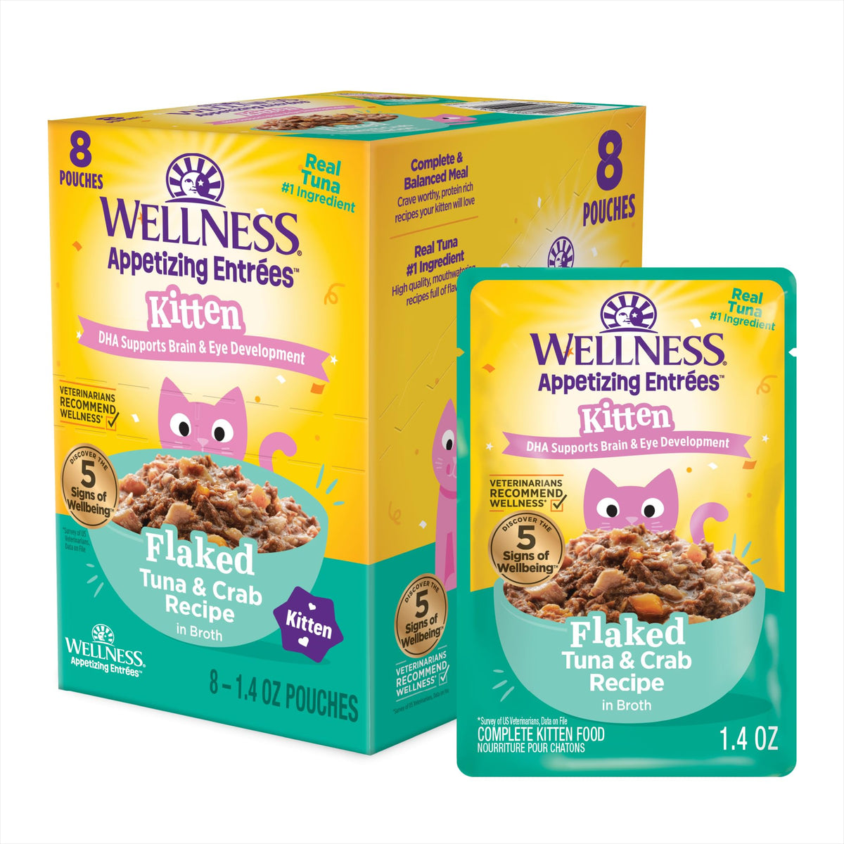 Wellness Appetizing Entrées gatito con atún y cangrejo en sobre, delicioso y hidratante.