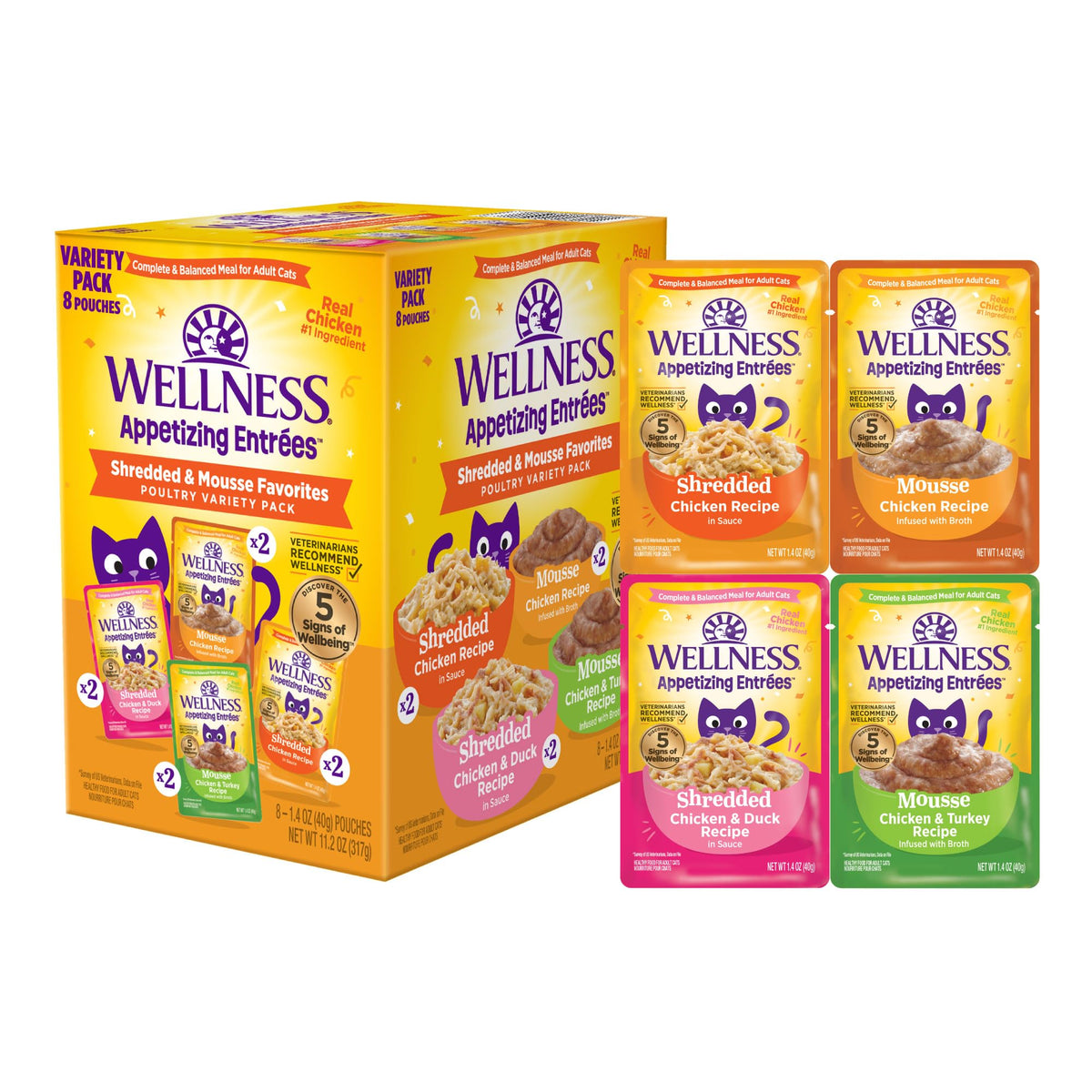 Wellness Appetizing Entrées desmenuzado de pollo con caldo, proteína para gatos adultos