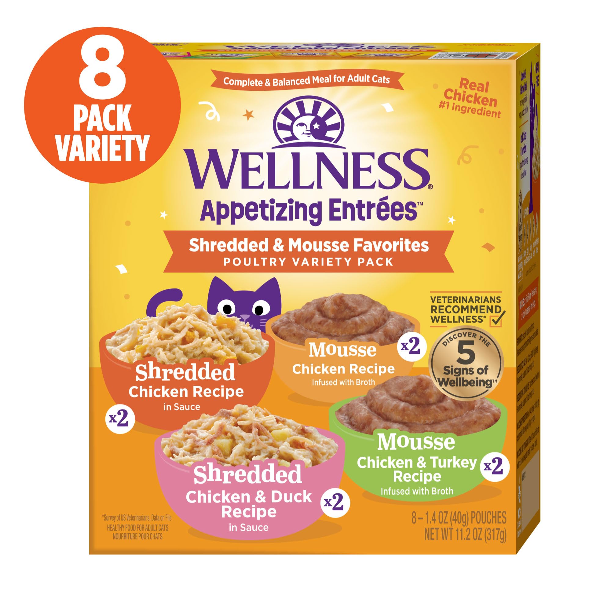 Wellness Appetizing Entrées pollo y pato desmenuzado con caldo, mezcla conveniente