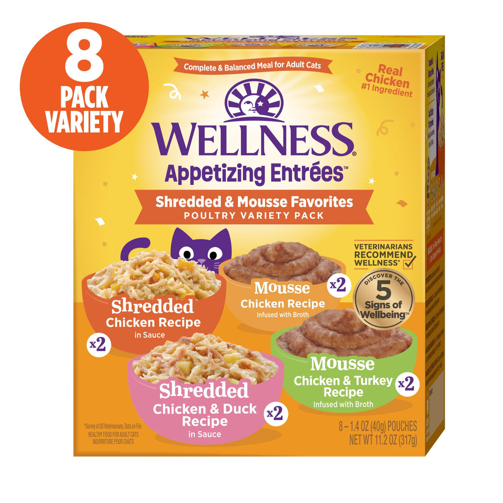 Wellness Appetizing Entrées pollo y pato desmenuzado con caldo, mezcla conveniente