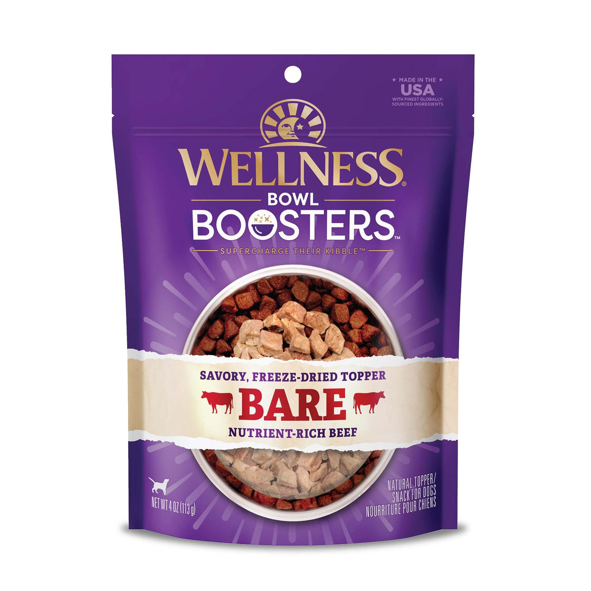 Wellness Bowl Boosters Bare empaque 4 onzas, fácil de guardar.