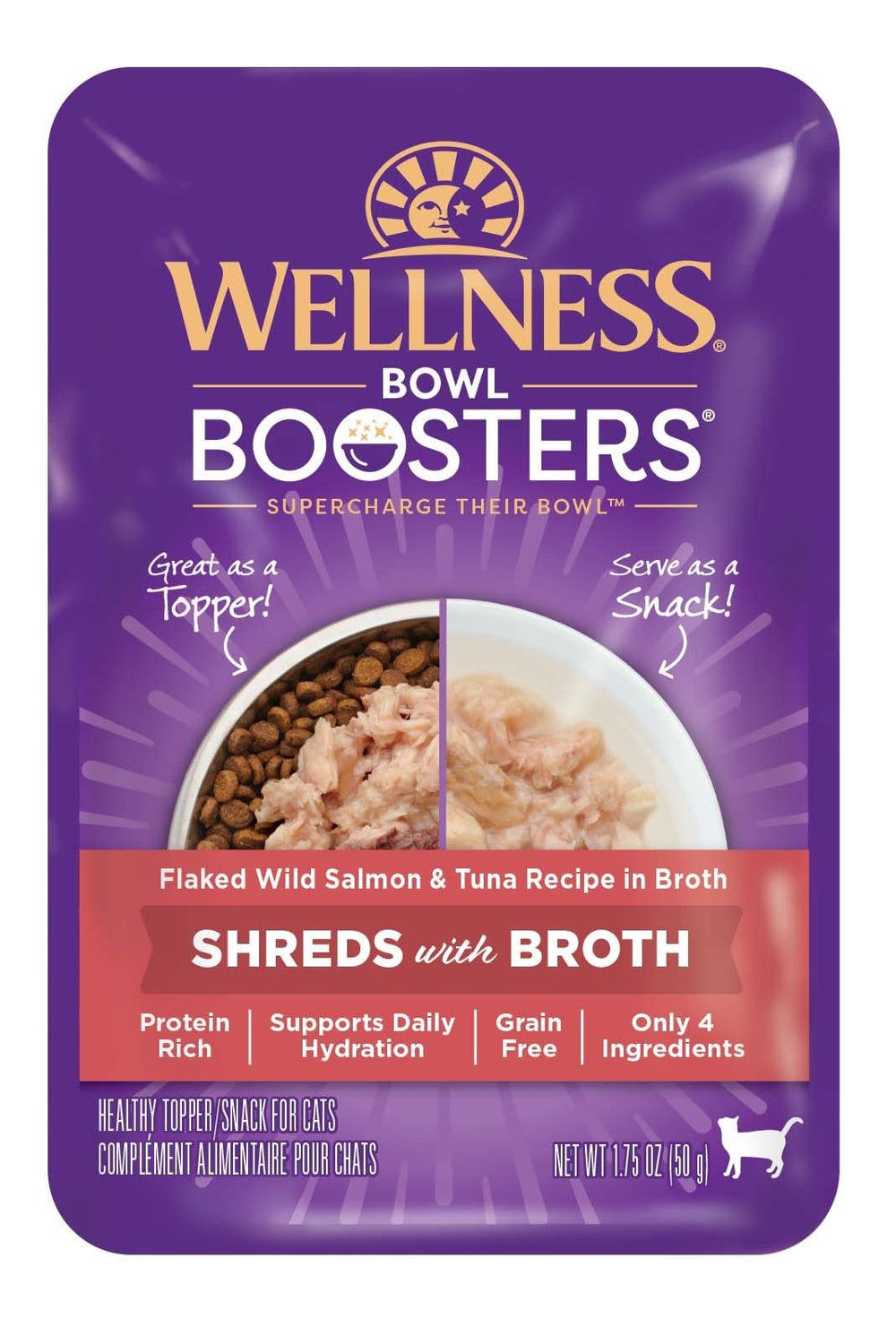 Wellness Bowl Boosters con salmón y atún en caldo, sabor premium para gatos.