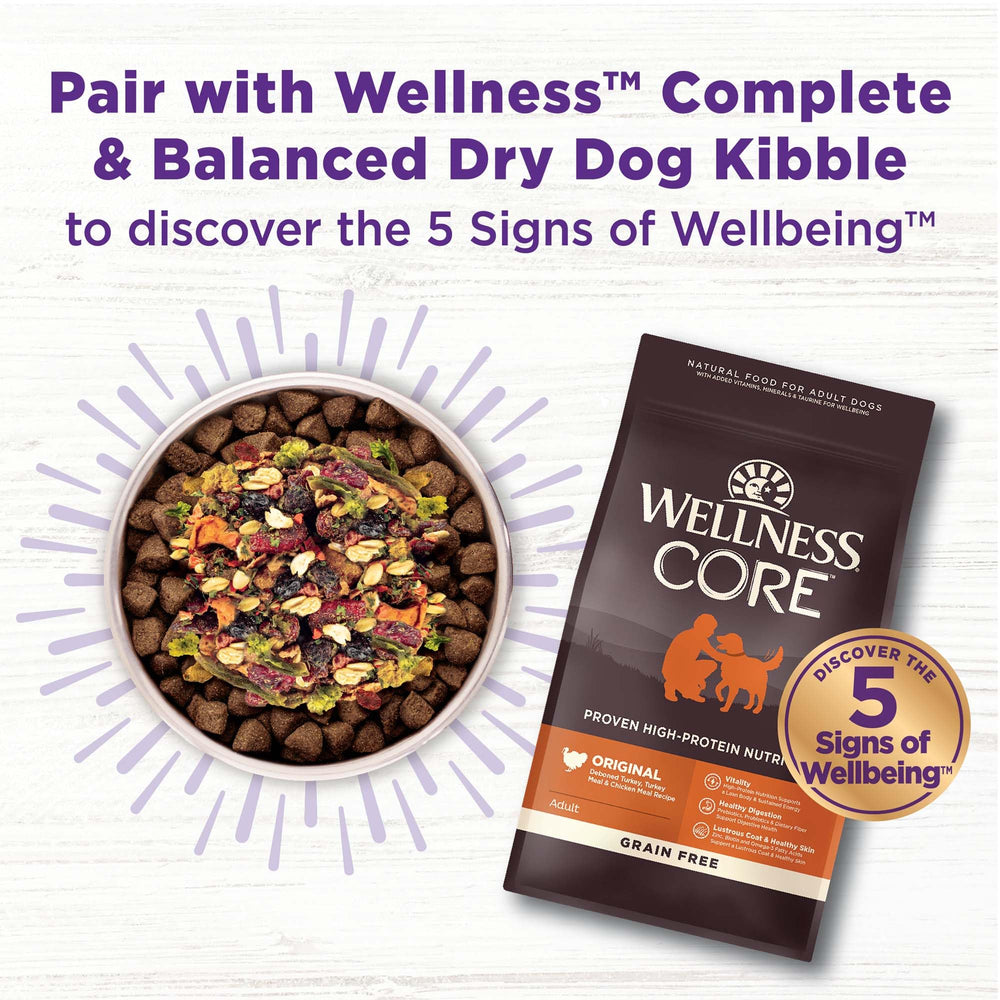 Fórmula sin maíz, trigo ni soja en Wellness Bowl Boosters para una dieta más natural.