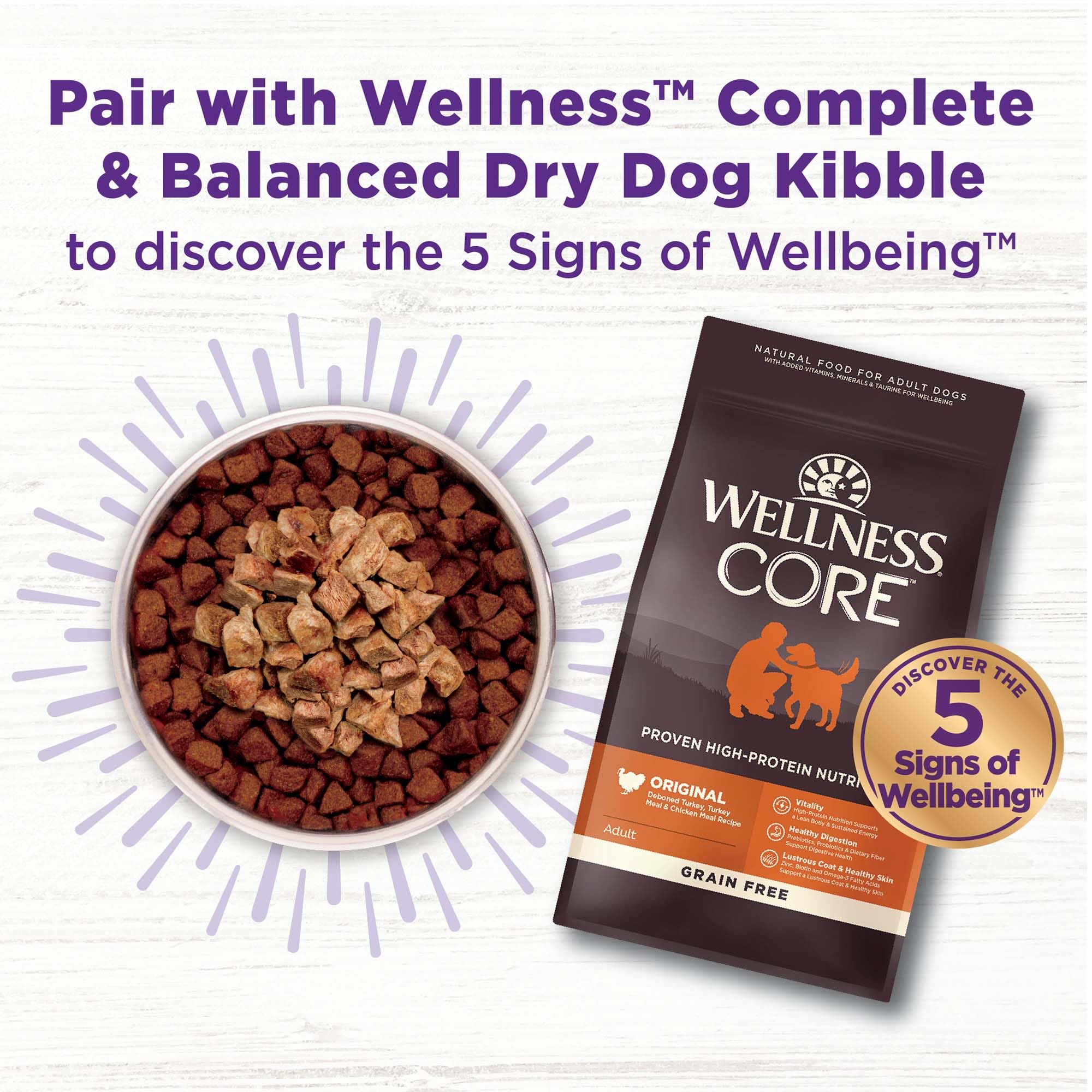 Wellness Bowl Boosters: sin-subproductos, fórmula premium sin subproductos avícolas.