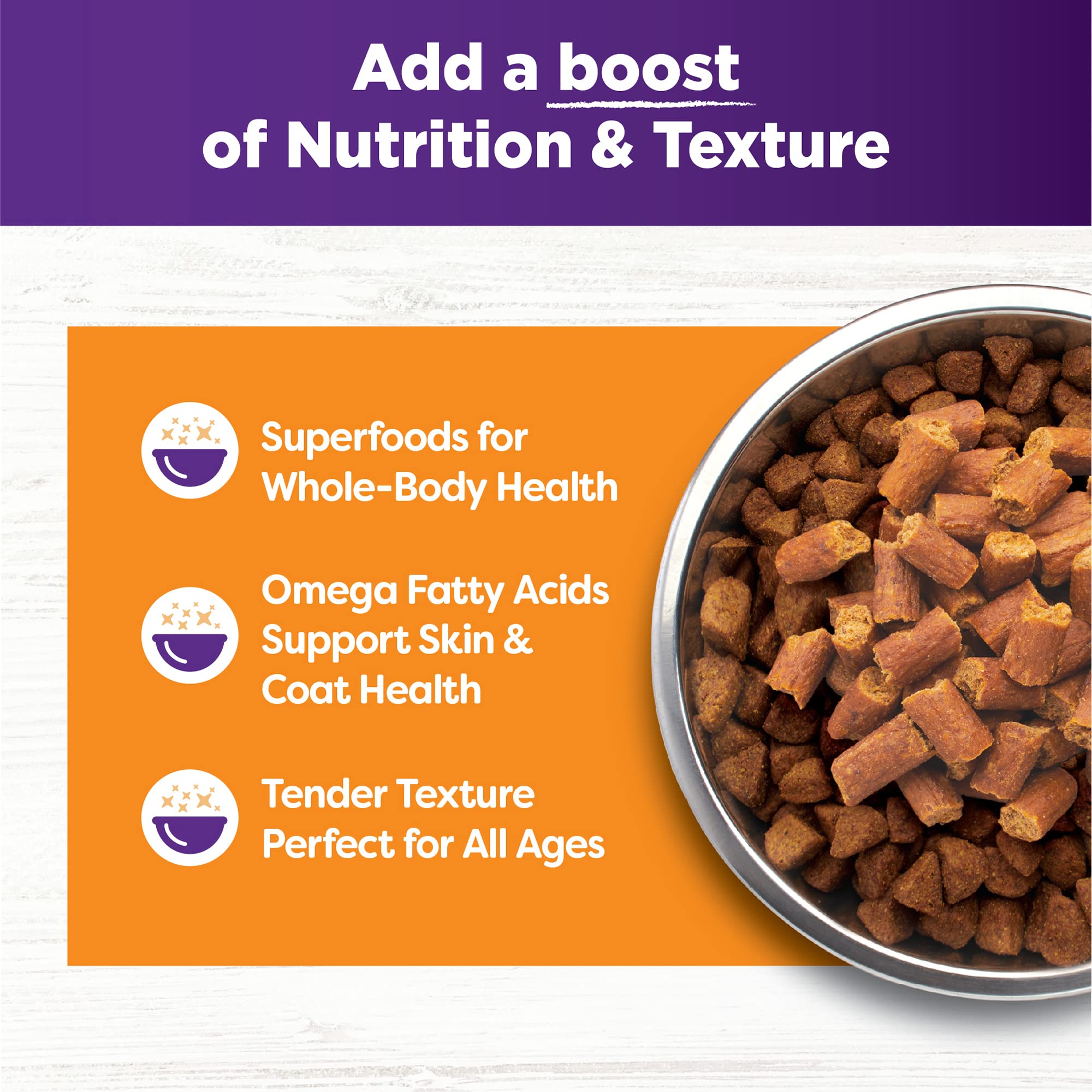 Wellness Bowl Boosters Tender Toppers ingredientes súperalimentos, apoyo nutritivo para su bienestar.
