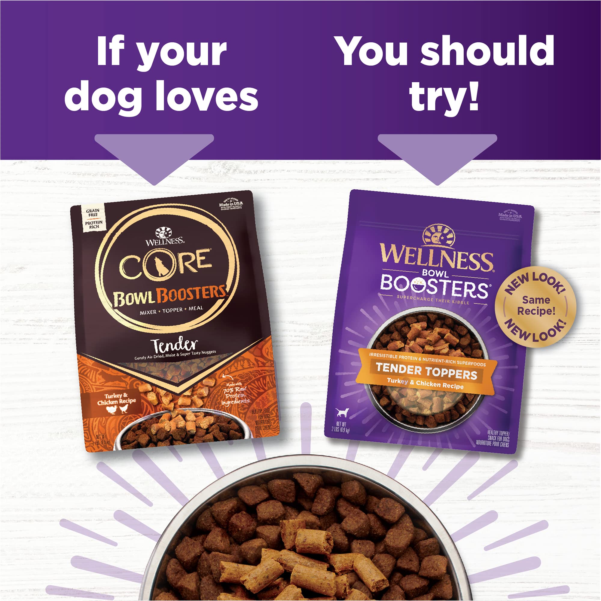 Wellness Bowl Boosters Tender Toppers sabor a pavo y pollo, conquista perros exigentes.