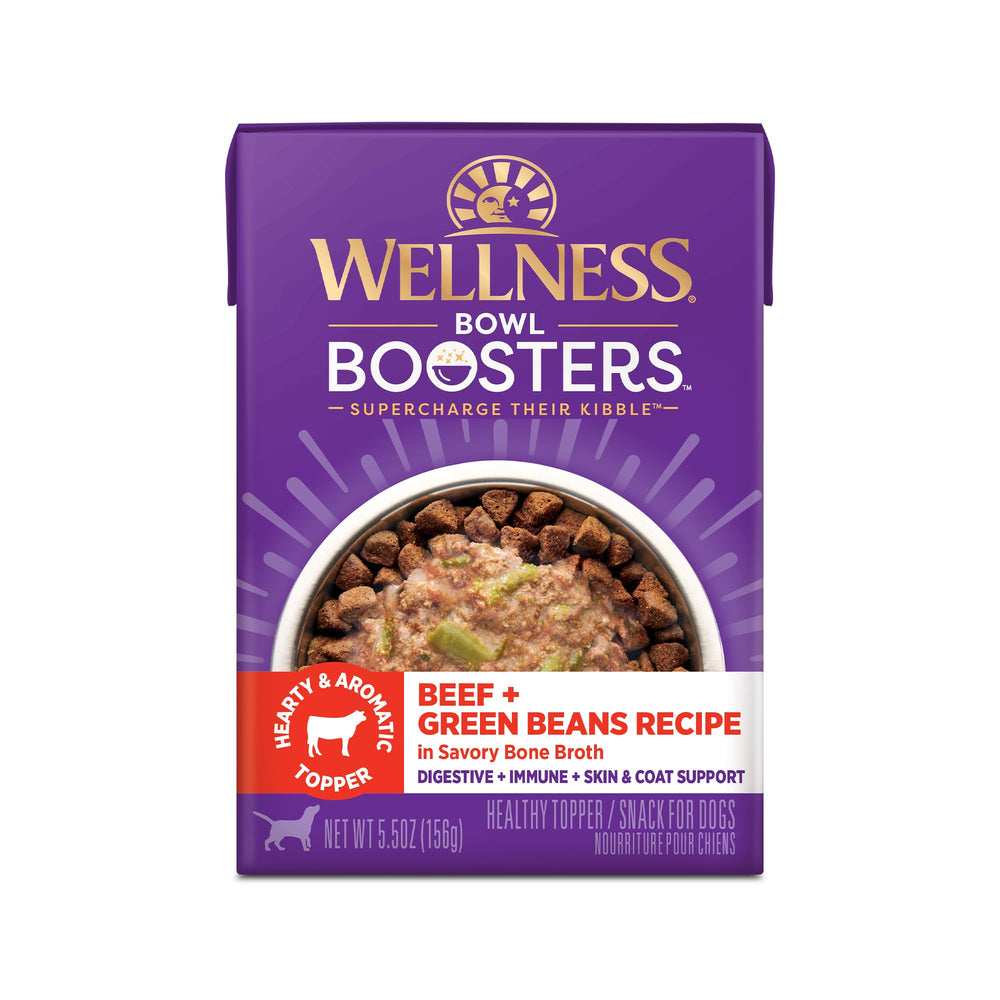 Wellness Bowl Boosters: carne en caldo y trocitos sabrosos para perros.