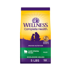 Wellness imagen de bolsa con comida seca para perros, cordero y cebada, fácil de usar.
