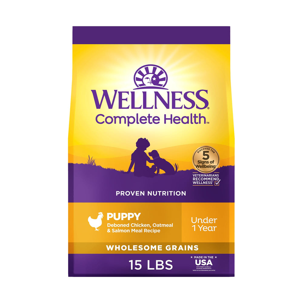 Wellness Salud Completa para cachorros, bolsa de alimento, almacenamiento práctico.