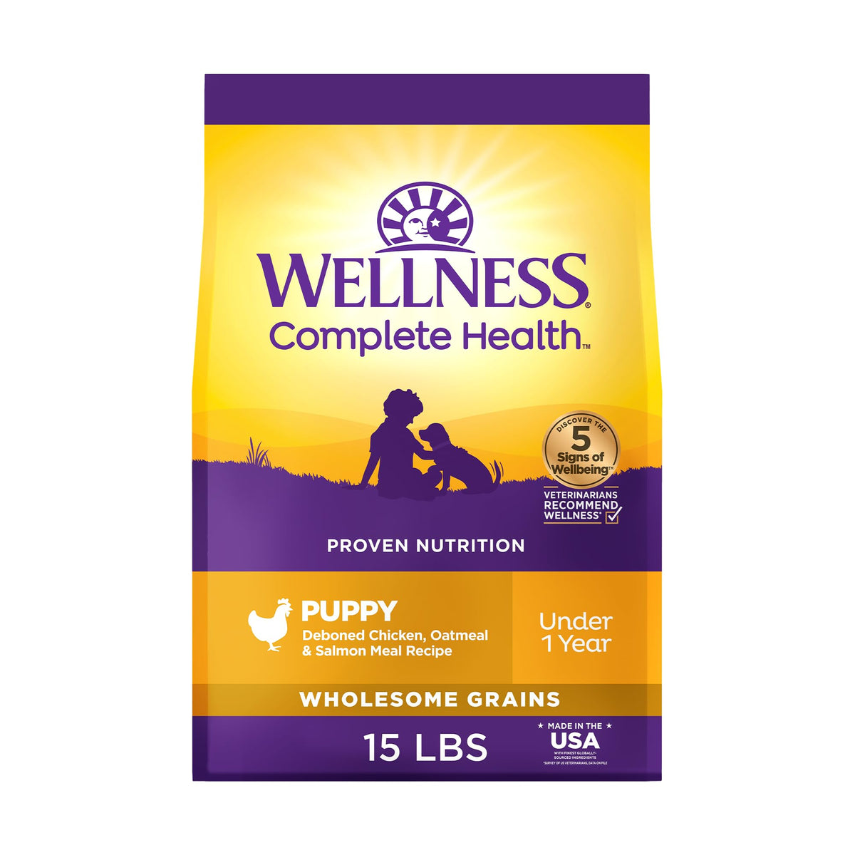 Wellness Salud Completa para cachorros, bolsa de alimento, almacenamiento práctico.