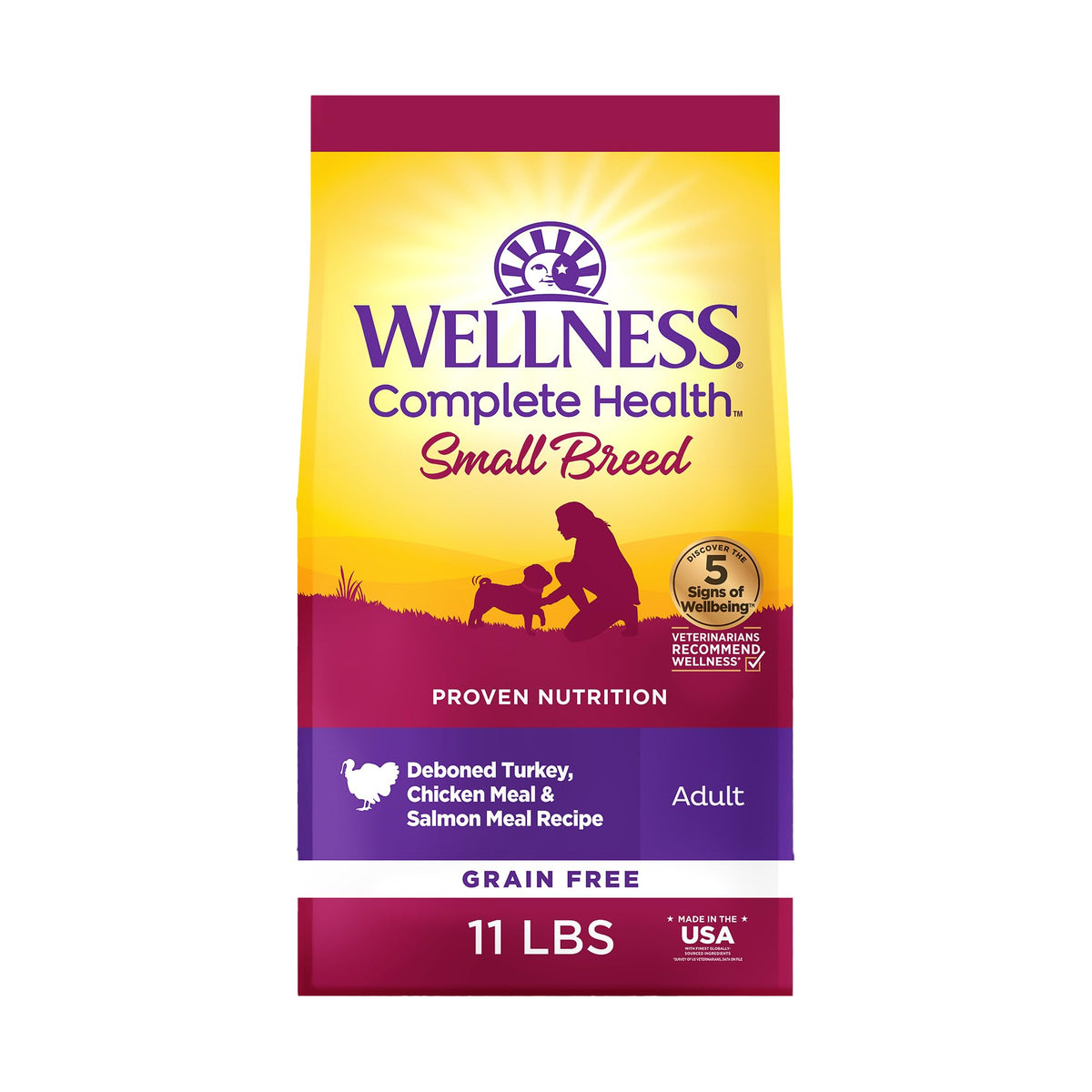 Wellness Complete Health, bolsa frontal, alimento para perro pequeño, promueve nutrición balanceada y energía diaria.