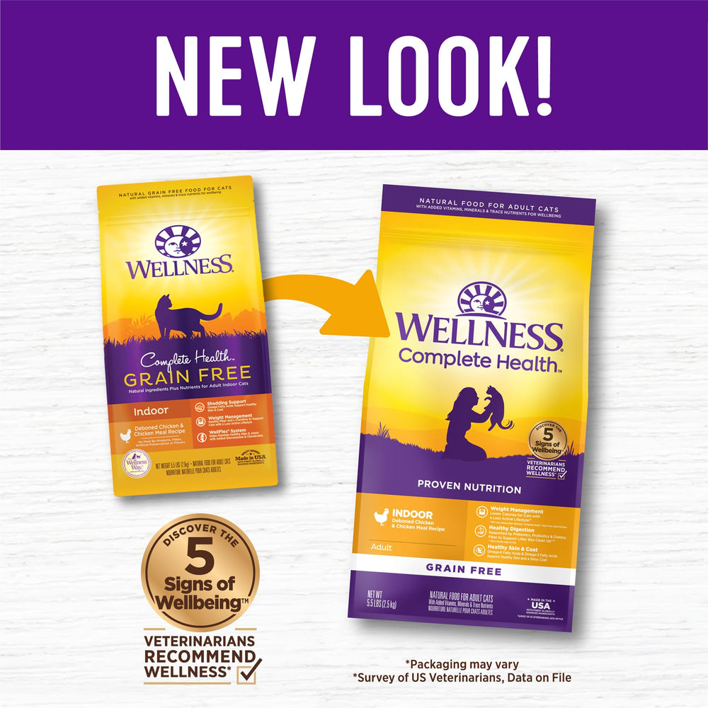 Wellness Complete Health para gatos de interior sin granos favorece la digestión y vitalidad.