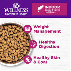 Wellness Complete Health gato interior en tazón, comida seca de calidad.
