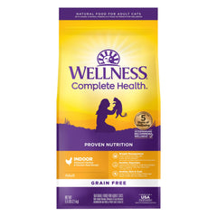 Wellness Complete Health para gatos de interior, comida seca sin granos con pollo para energía diaria.