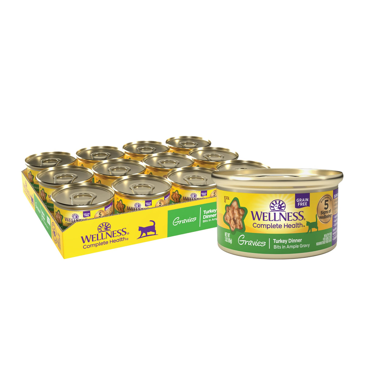 Wellness Complete Health Gravy, lata pavo adulta, proteína real para gatos.