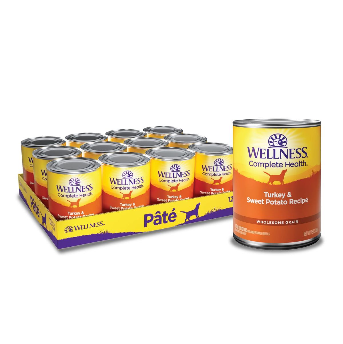 Wellness Complete Health lata para perro con pavo y batata, nutrición equilibrada.