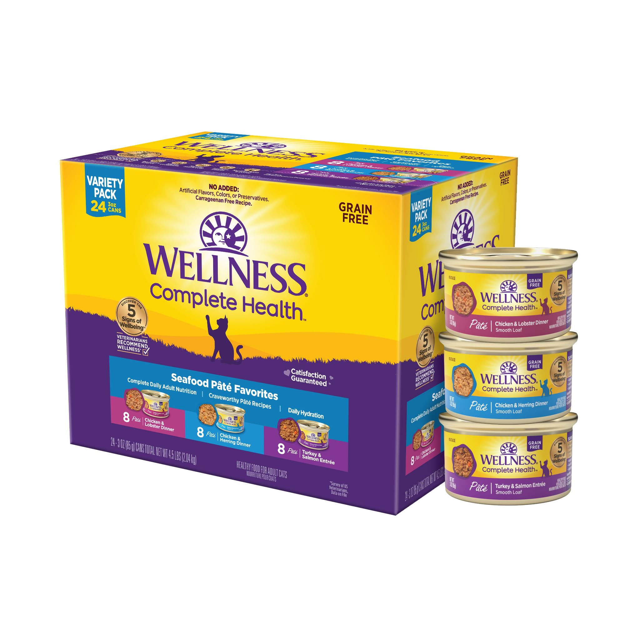 Wellness Complete Health Pate para gato adulto con sabor mariscos, textura atractiva para el paladar y beneficio de hidratación.