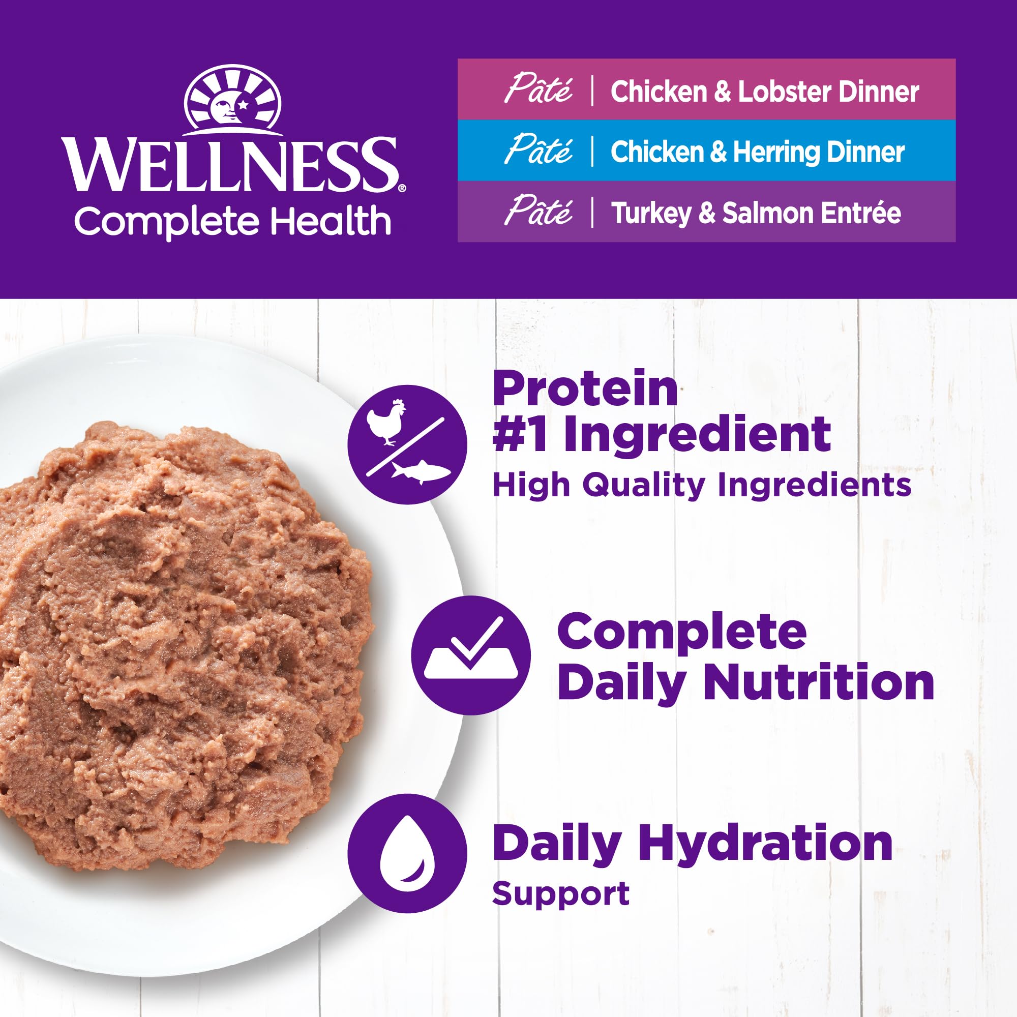 Wellness Complete Health Pate pack de 24 latas, variedad marina para gatos adultos.
